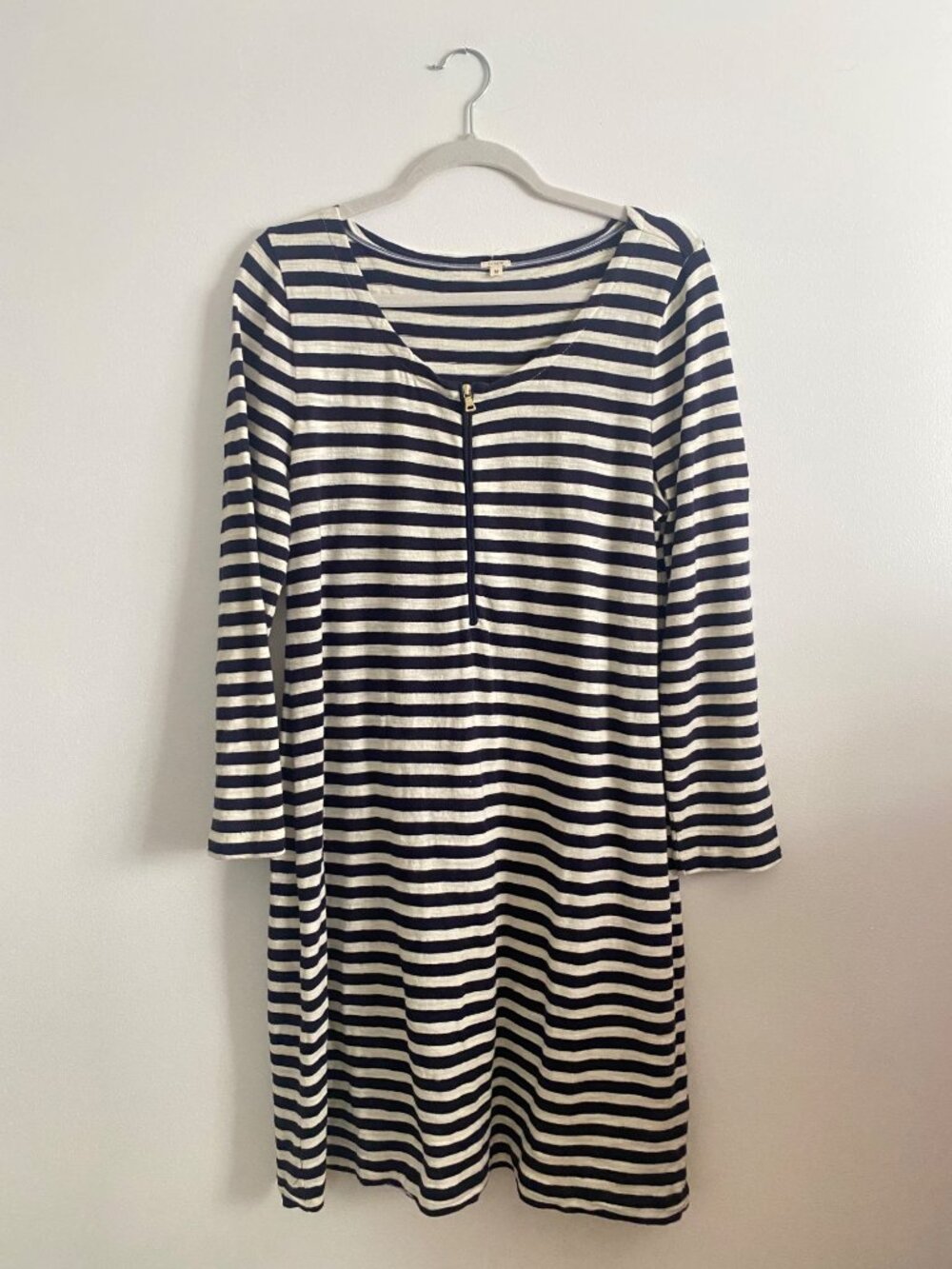 J. Crew Navy & Cream Striped Long-Sleeve Dress With Gold Half-Zip Detail Women M